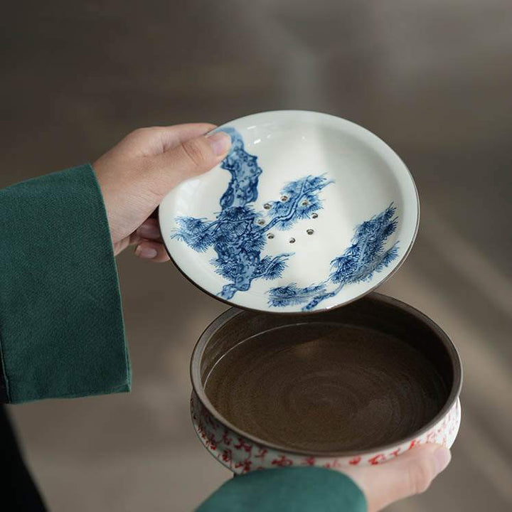 Blue and White Green Pine Poetry Tea Boat