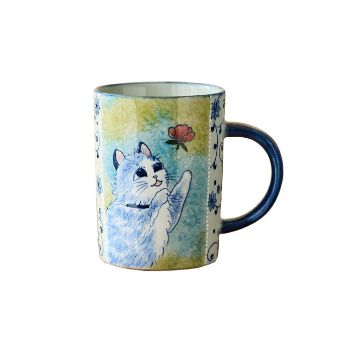 Blue and White Lotus Flower Cute Cat Mug & Coffee Mug