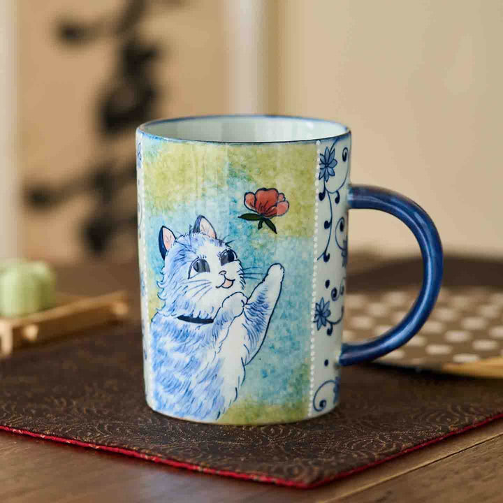Blue and White Lotus Flower Cute Cat Mug & Coffee Mug