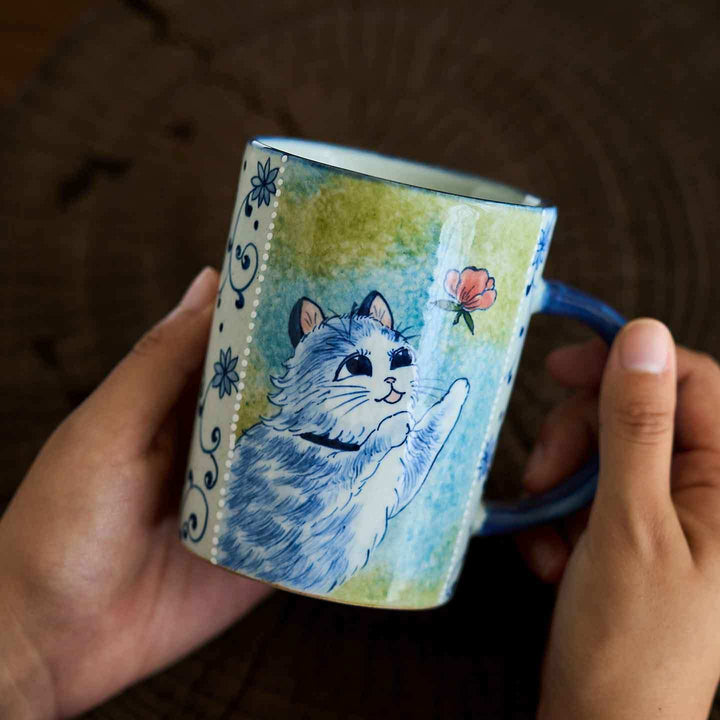 Blue and White Lotus Flower Cute Cat Mug & Coffee Mug