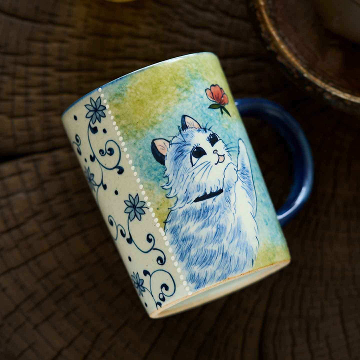 Blue and White Lotus Flower Cute Cat Mug & Coffee Mug