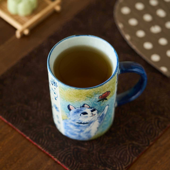 Blue and White Lotus Flower Cute Cat Mug & Coffee Mug