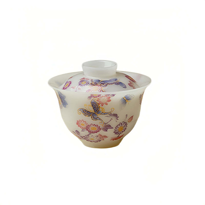 Butterflies Frolicking Among Flowers Ultra-thin Ice Jade Porcelain Gaiwan