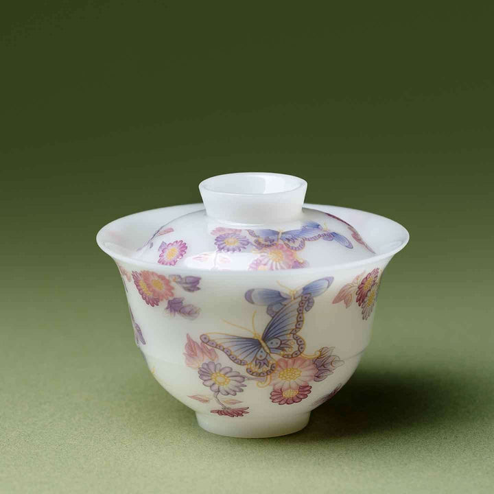 Butterflies Frolicking Among Flowers Ultra-thin Ice Jade Porcelain Gaiwan