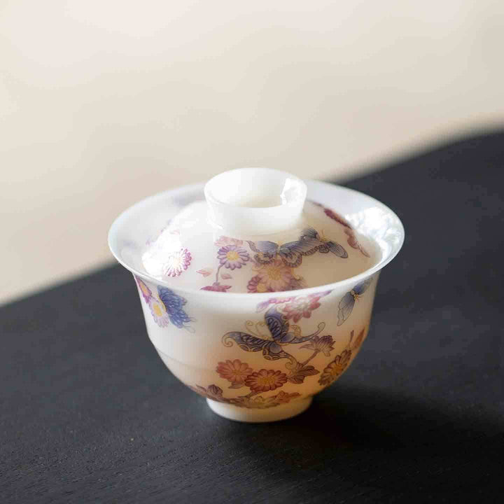 Butterflies Frolicking Among Flowers Ultra-thin Ice Jade Porcelain Gaiwan