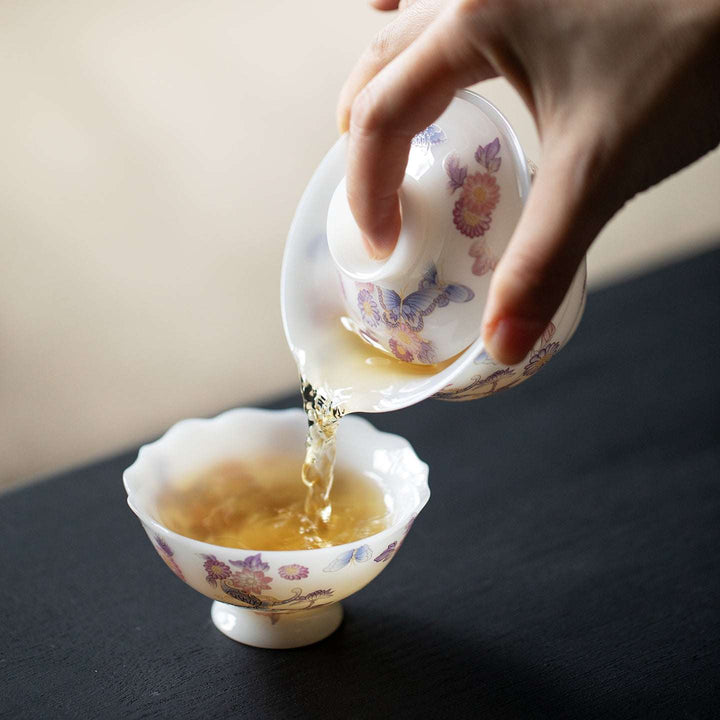 Butterflies Frolicking Among Flowers Ultra-thin Ice Jade Porcelain Gaiwan
