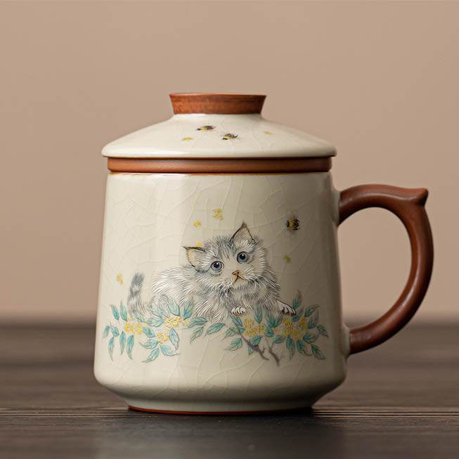 Hand-painted Lotus and Osmanthus Cute Cat Ru Kiln Mug