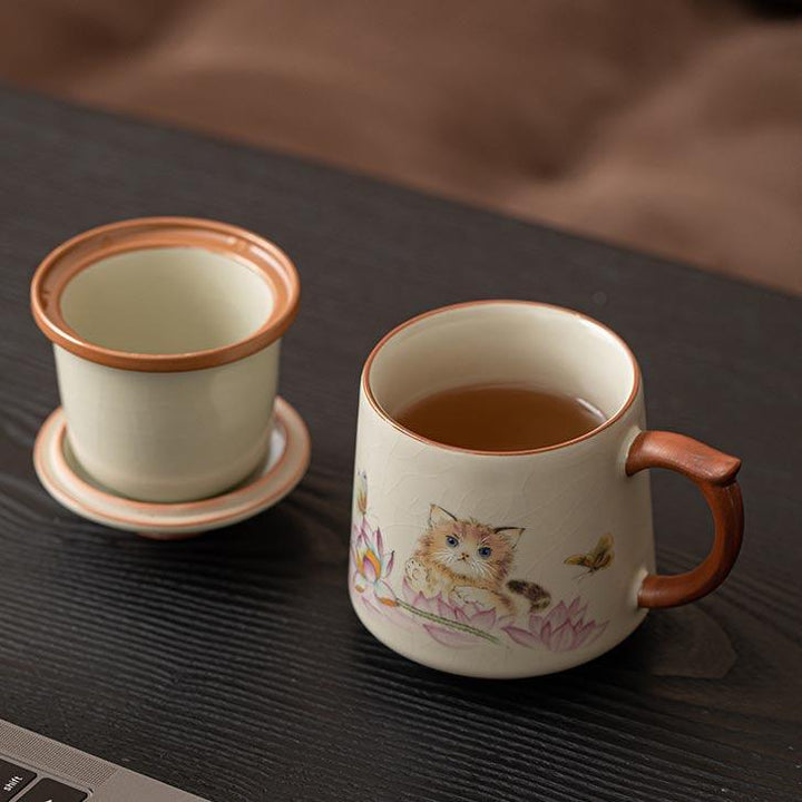Hand-painted Lotus and Osmanthus Cute Cat Ru Kiln Mug