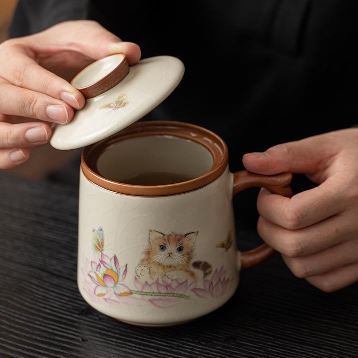 Hand-painted Lotus and Osmanthus Cute Cat Ru Kiln Mug