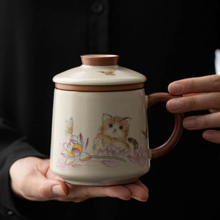 Hand-painted Lotus and Osmanthus Cute Cat Ru Kiln Mug