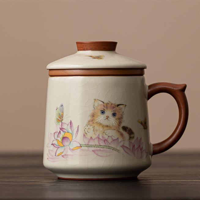Hand-painted Lotus and Osmanthus Cute Cat Ru Kiln Mug