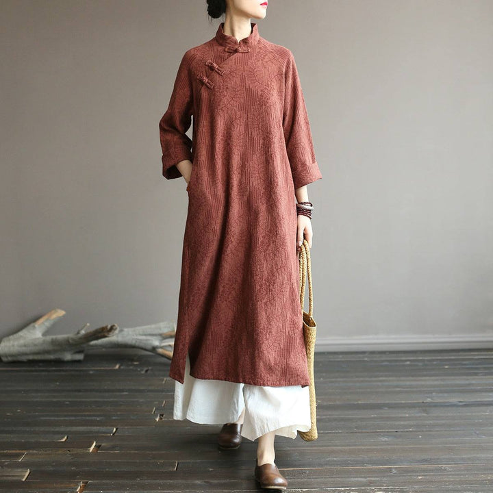 chinese linen dresses Women linen dresses, 3/4 sleeves linen midi dress, custom loose soft casual tunic robes, cotton Chinese clothing summer plus size dress F451