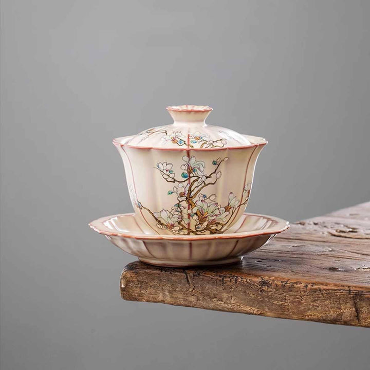 Sancai Gaiwan Magnolia Flower Beige Ru Ware Gaiwan