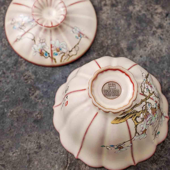 Sancai Gaiwan Magnolia Flower Beige Ru Ware Gaiwan