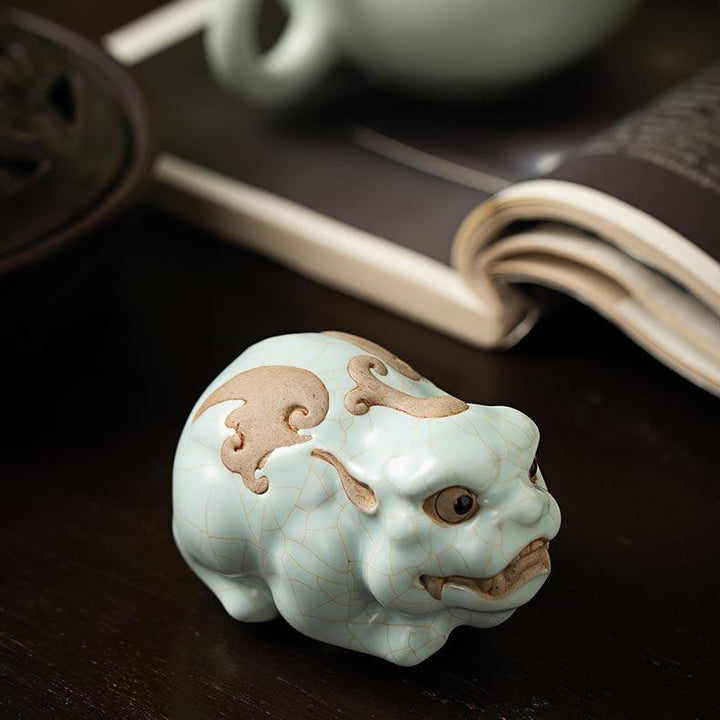 Pixiu Ru Ware Tea Pet Sky-Blue Ru Porcelain Crackle, Wealth-Attracting Tea Art Accessories