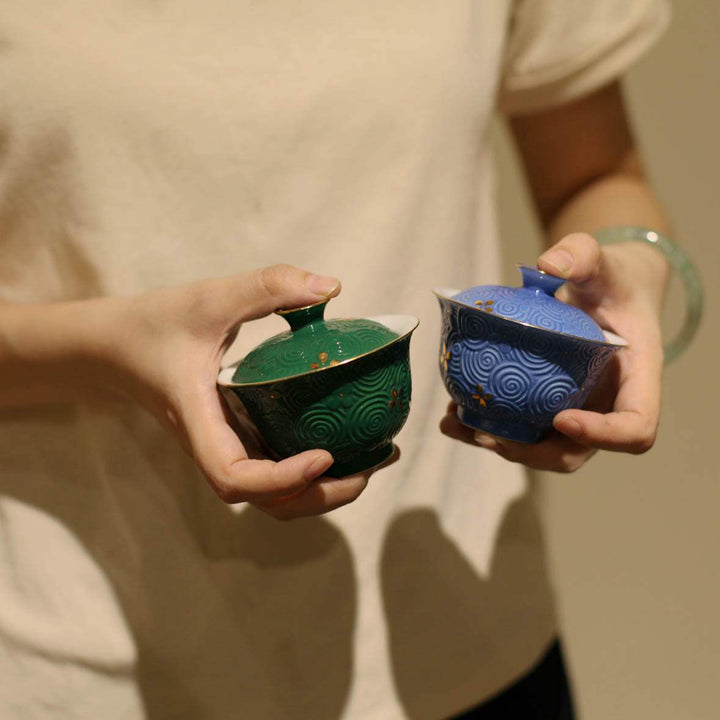 Handmade Unique Water Pattern Gilded Gaiwan Tea Sets